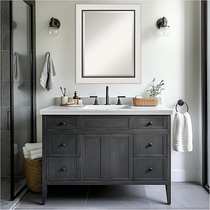 Amanti Art Silver Bathroom Mirror for Over Sink, 28x34 Ellie Silver Black Rectangle Vanity Mirror, Large Modern Contemporary Frame, Hangs Horizonally and Vertically, Bathroom Wall Decor, Beveled Edge