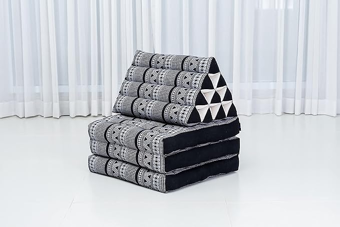 Leewadee - Comfortable Japanese Floor Mattress - Thai Floor Bed with Triangle Cushion - Futon Mattress - Thai Massage Mat, 67 x 21 inches, Black White, Kapok Filling