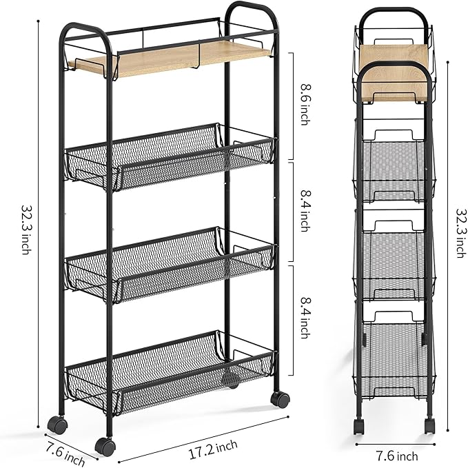 KINGRACK Metal Slim Rolling Cart,4-Tier Metal Utility Cart,Storage Cart with Wooden Tabletop, for Narrow Space on Laundry Bathroom Kitchen Room Bedroom Apartments Dormitory (Pure Black, Slim)