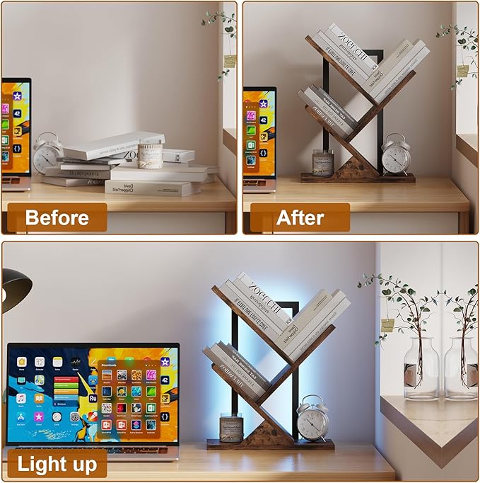Tree Bookshelf with LED Lights, 3 Tier Floor Standing Bookcase, Classical Corner Shelf Kids Bookshelf, Tall Wood Book Storage for Bedroom, Living Room, Home Office, Brown