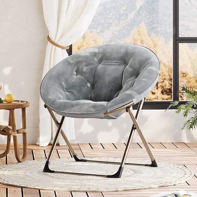 Comfy Saucer Chairs, Gray Folding Reading Lounge Chair, Cozy Faux Fur Living Room Chair with Soft Thick Padded Seat & Metal Frame, Modern Style Bedroom Home for Kids Adults, X-Large, Gold Legs