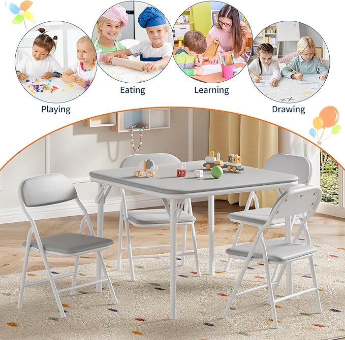 IDEALHOUSE 5 Piece Folding Kids Table and Chairs Set, Children Activity Table and Chairs Set for Dining Room,Daycare,Classrooms