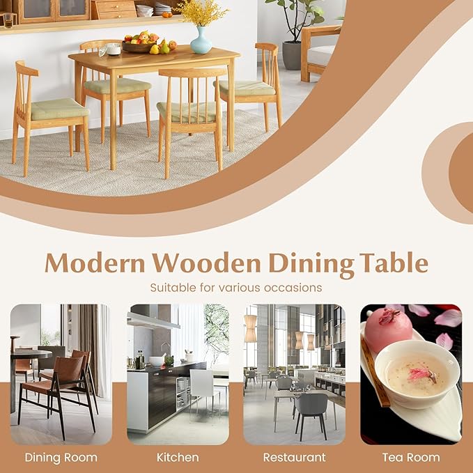 COSTWAY Dining Table, 48” Wooden Rectangular Kitchen Table with Solid Rubber Wood Legs, Spacious Tabletop for Kitchen, Dining Room, Restaurant