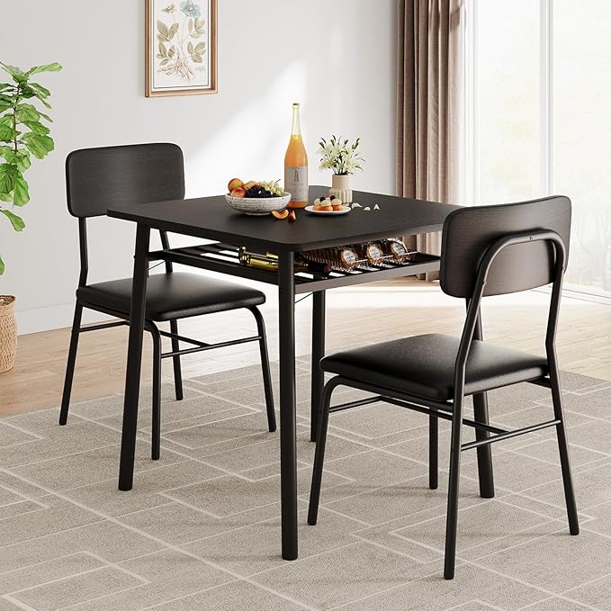 GarveeHome Dining Table for 2 with Storage Rack, Small Kitchen Table for 2 with Metal Frame, Square Table with Upholstered Chairs Set of 2, 3-Piece Dining Room Set for Small Space, Apartment, Black