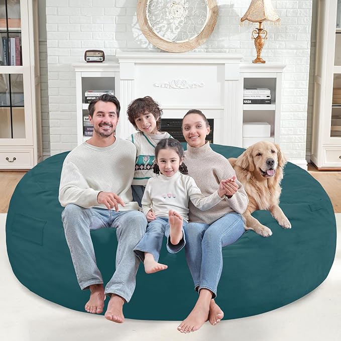 7FT Bean Bag Chair, Large Bean Bag Chairs with Memory Foam Filled, Fluffy Beanbag Sofa with Dutch Velvet Cover, Round BeanBag Chairs for Living Room, Playroom - Sea Blue