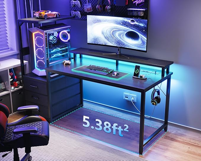 AODK 52 Inch Gaming Desk with USB Charging Ports & LED Light- Reversible Computer Desk with Storage Shelves & Monitor Stand, Modern Gamer Desk Table with Fabric Drawers & Side Hook, Carbon Fiber Black