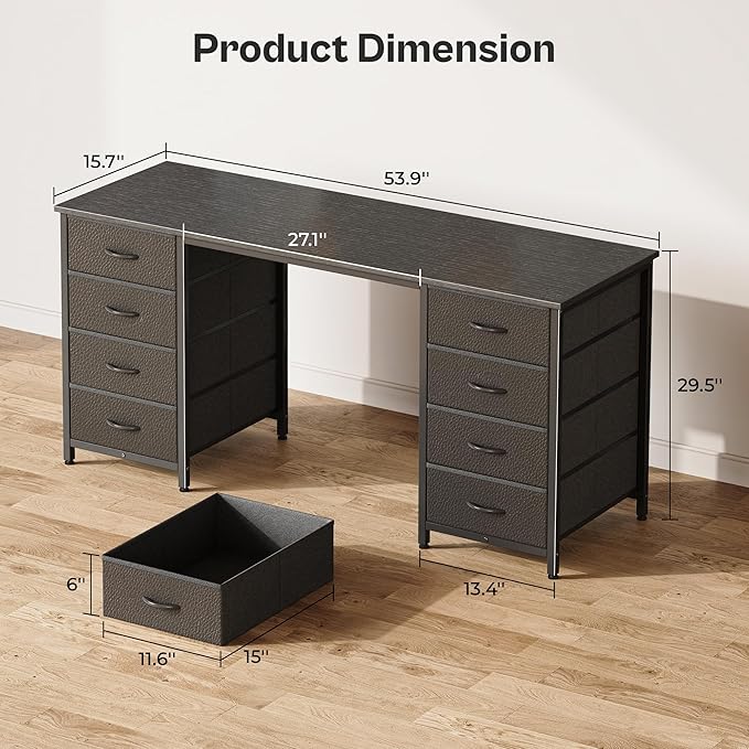 Huuger 55 Inch Computer Desk with 8 Fabric Drawers, Office Desk Work Desk for Home Office, Study, Gaming Desk with Drawers, Large Storage, Black