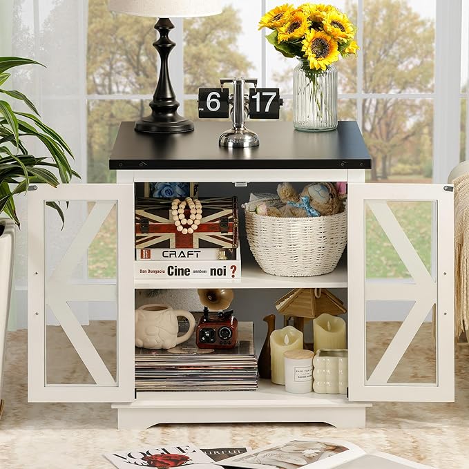 Farmhouse End Table, 24" Large End Tables with Storage, Rustic Square Sofa Beside Table with Glass Barn Door, Wood Side Table Square Nightstand for Living Room, Bedroom, Office (White)