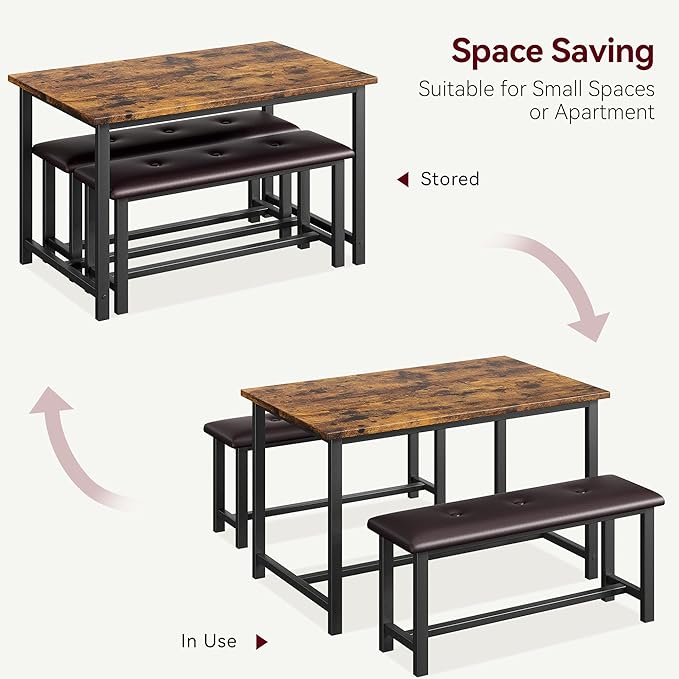Dining Table Set for 4, Kitchen Table with 2 Upholstered Benches, 3-Piece Dining Room Set for Kitchen, Apartment and Small Spaces, Brown