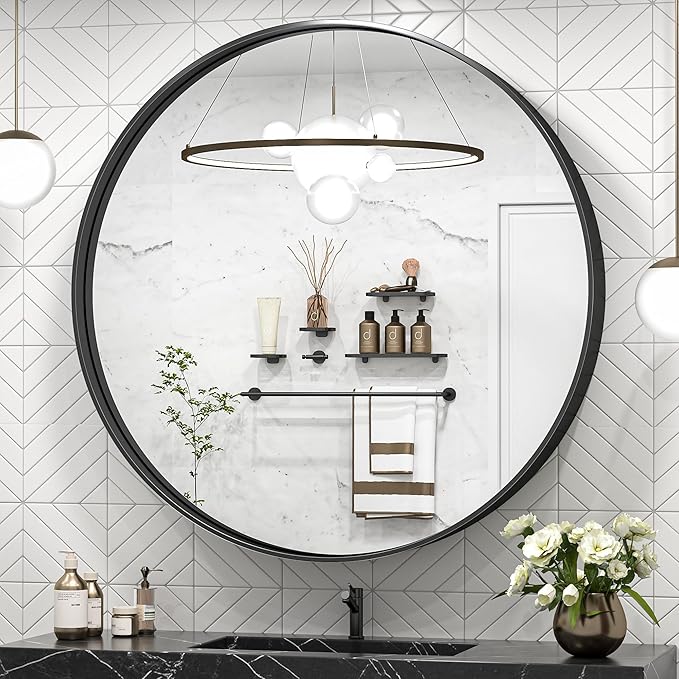 TokeShimi 40 Inch Round Black Bathroom Mirror for Wall with Non-Rusting Aluminum Alloy Brushed Matte Metal Frame for Modern Minimalist Farmhouse Home Decor