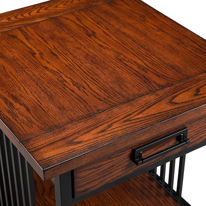 Leick Home Ironcraft Coffee Table, Solid Wood, 2 Drawers, 1 Display Shelf, Mission Oak, Black Steel, Easy Assembly, 46 in L x 22 in W x 20 in H, 11262