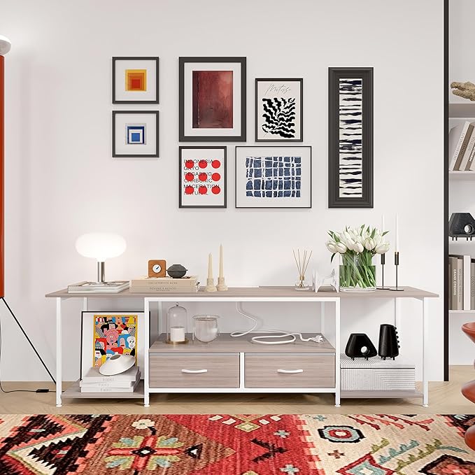 TQVAI 70 Inch TV Stand - Farmhouse Entertainment Center with Fabric Drawers Storage & Charging Station, Media Console Table for Bedroom, Living Room, Retro Grey/White