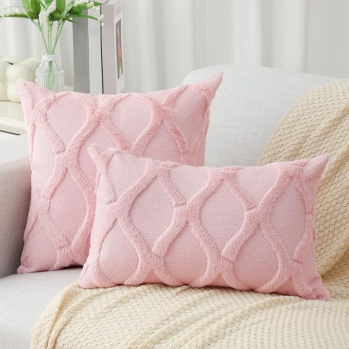 decorUhome Throw Pillow Covers 26x26 Inch Set of 2, Soft Plush Faux Fur Wool Light Pink Couch Pillow Covers, Decorative Neutral Pillow Cases for Bed Sofa Living Room Home Decor