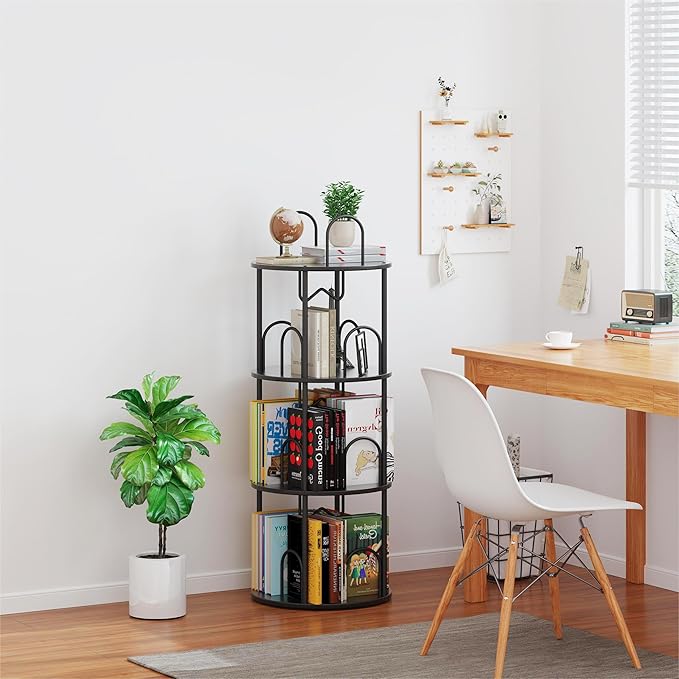 3 Tier Rotating Bookshelf, 360° Spinning Bookshelf Tower, Round Narrow Space Saving for Books and Display, Revolving Bookcase Corner Tall Book Shelf for Small Spaces, Bedroom, Living Room, Black
