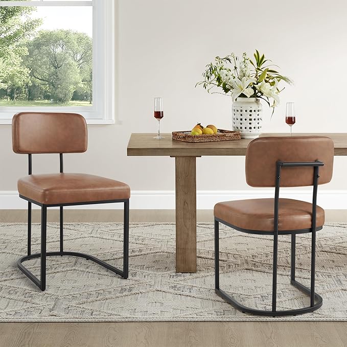 Dining Chairs Set of 4, Upholstered Modern Kitchen Chairs with Ergonomic Backrest, Faux Leather Cushion Seat & Metal Legs for Living Room, Restaurant, and Café, Brown, 2 Boxs