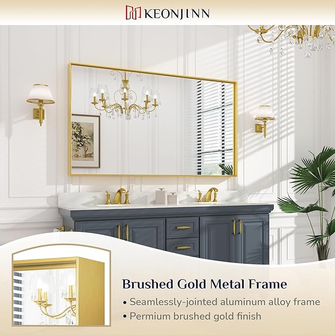 Keonjinn Gold 60 x 36 Inch Brushed Gold Metal Framed Rectangular Wall Mirror