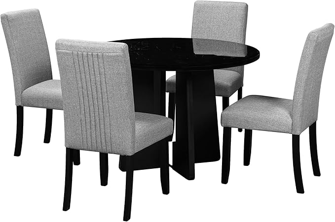 Merax 5-Piece Round Dining Table Set, Modern 4 Upholstered Chairs for Living,Kitchen Room, 43 Inch, Grey+Black