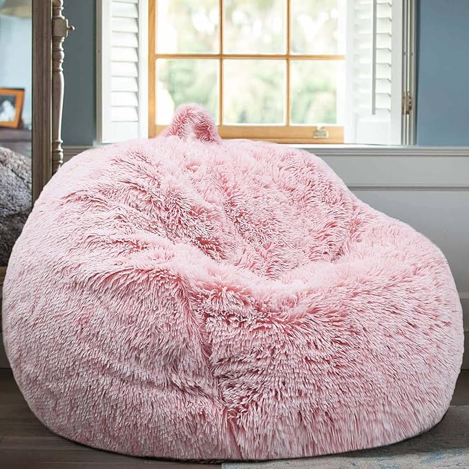 Fluffy Bean Bag Chair, 3FT Round Memory Foam Filled Bean Bag for Teens & Kids, Ultra Soft Faux Fur Fabric Bean Bag Chairs for Playroom, Living Room, Bedroom,Pink