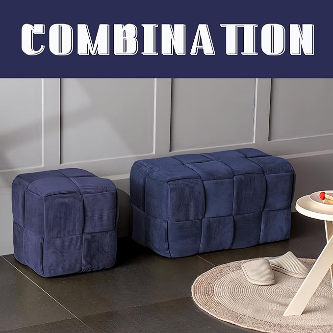 Ottoman Foot Rest Soft and Comfortable Ottoman Square Corduroy Woven Design Sofa Stool (Blue-L)