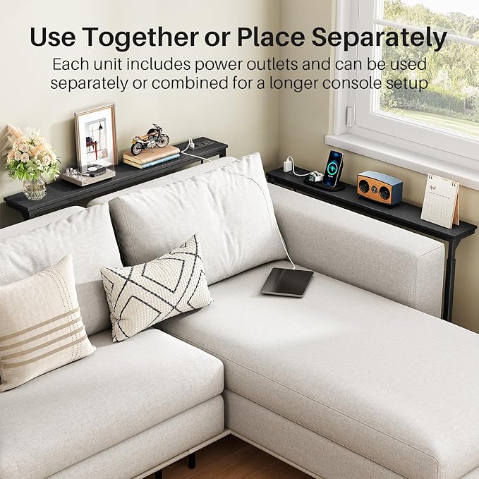Kitstorack 2-Pack Black Narrow Console Table Behind Couch, Adjustable Height (25"-33") & 2 Power Outlets, Skinny Entryway Sofa Table 5.9" Deep x 79" Long, Split Design for Separate Use