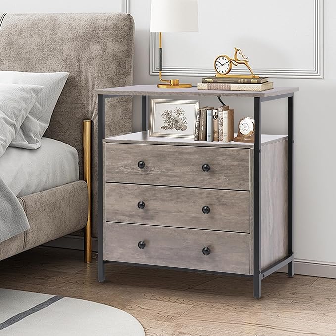 3 Wooden Drawers Night Stand, 27 Inch Wide Nightstand with Charging Station and Adjustable Drawers, Bedside Table for Living Room/Bedroom/Office, Gray.