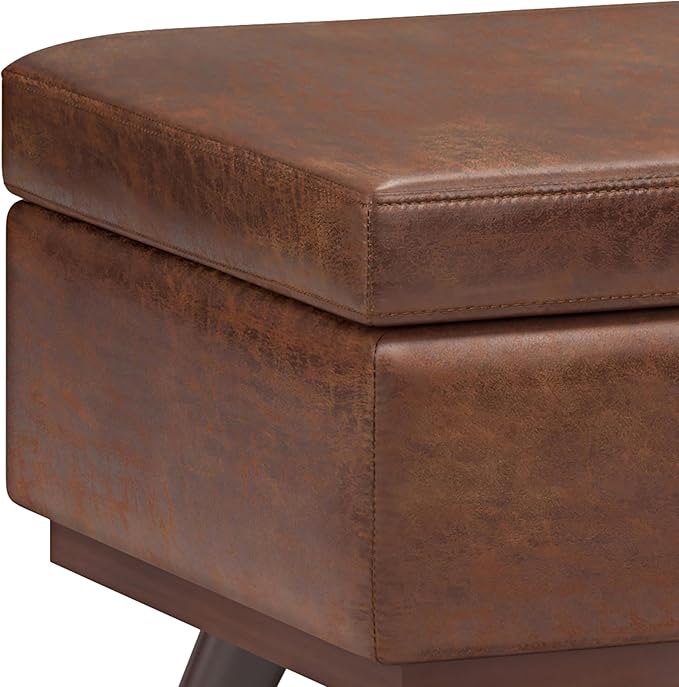 SIMPLIHOME Owen 42 inch Wide Mid Century Modern Rectangle Lift Top Large Coffee Table Storage Ottoman in Distressed Saddle Brown Vegan Faux Leather, Assembled, for the Living Room and Entryway