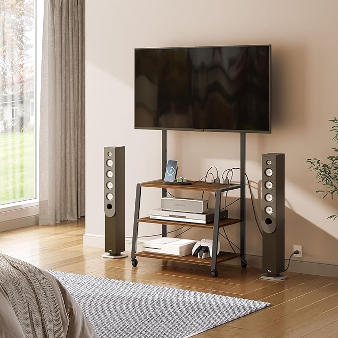 HOOBRO Rolling TV Stand with Mount and Power Outlet Up to 55 inch TV, Corner Entertainment Center, Small TV Stand with 3-Tier Storage Shelves for Living Room, Bedroom, Black and Walnut BH66UDS01