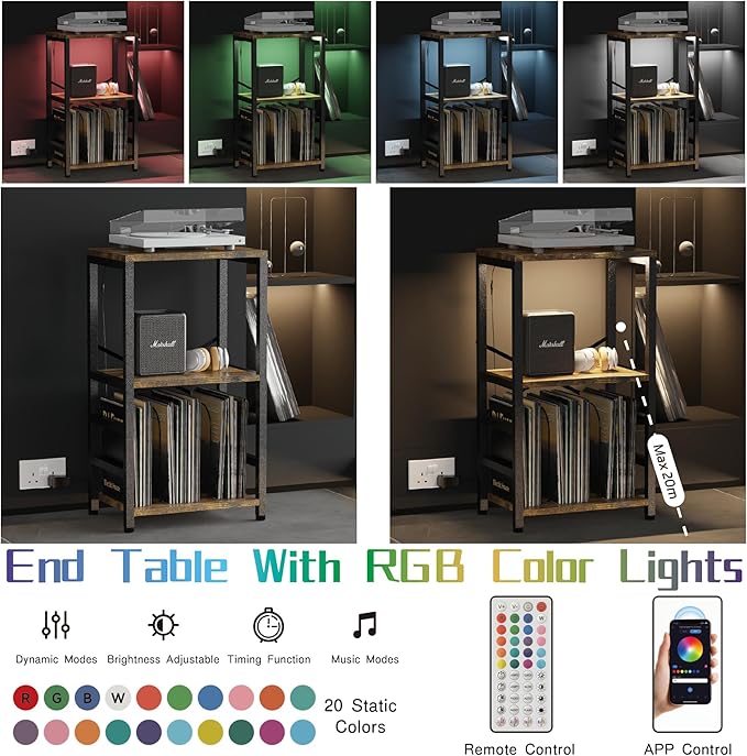 End Table with LED Light,Record Player Stand with Albums Storage,Vinyl Records Storage,Turntable Stand Side Table for Music Room Studio Living Room Bedroom-Retro