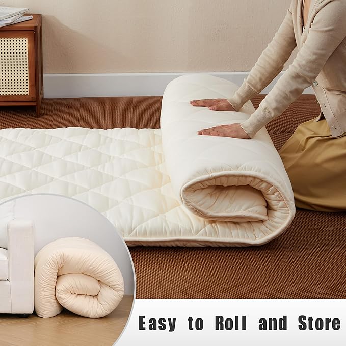 Japanese Floor Futon Mattress, Tatami Mat Sleeping Pad, Shikibuton, Mattress Topper, Boys Girls Roll Up Dormitory Mattress, Foldable & Portable Floor Lounger Bed, Guest Bed (Cream, Full)