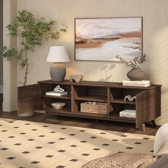 Plank+Beam Mid-Century Modern Wood TV Stand, Solid Wood Entertainment Console with Storage, 59" L x 16" W x 19" H, Walnut