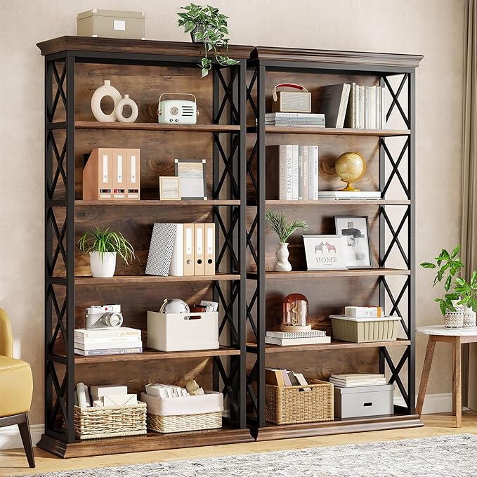 Tribesigns 6-Tier Bookcase, 71 Inches Industrial Bookshelves and Bookcases, Floor Standing 5 Shelf Display Storage Shelves Tall Bookcase for Home Office, Living Room, Bed Room, 2 Pcs
