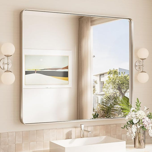 TokeShimi 40x30 Brushed Nickel Bathroom Wall Mirror Vanity Metal Frame Round Corner Rectangular for Home Decor Living Room Entryway (Horizontal/Vertical)