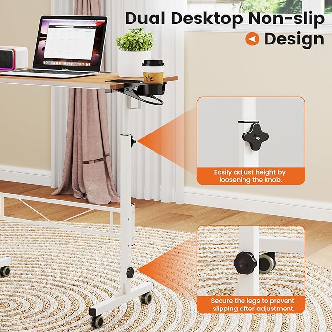 Hadulcet Portable Standing Desk, Rolling Desk Adjustable Height, Mobile Laptop Desk, Small Stand Up Table with Wheels, Walking Table for Treadmill Walking Pad, Tall Computer Stand, Oak