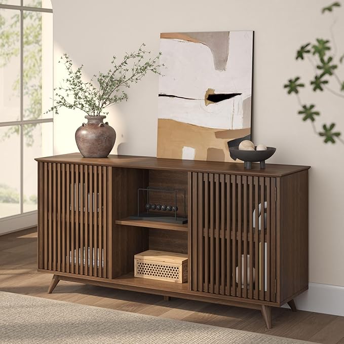 Plank+Beam Mid-Century Modern Wood TV Stand, Solid Wood Entertainment Console with Storage, 59" L x 16" W x 30" H, Walnut