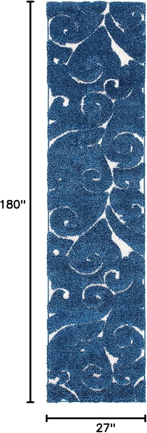 SAFAVIEH Florida Shag Collection Runner Rug - 2'3" x 15', Dark Blue & Cream, Scroll Design, Non-Shedding & Easy Care, 1.2-inch Thick Ideal for High Traffic Areas in Living Room, Bedroom (SG455-6511)