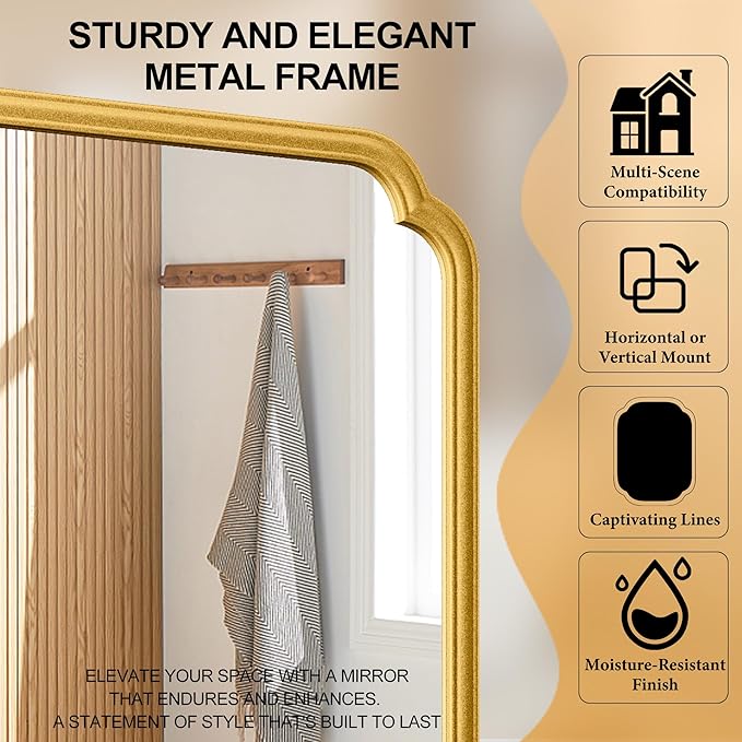 22x34 Inch Gold Bathroom Mirror, Metal Framed Wall Mirror with Rounded Edges, Rustproof Horizontal Vertical Hanging for Vanity Over Sink