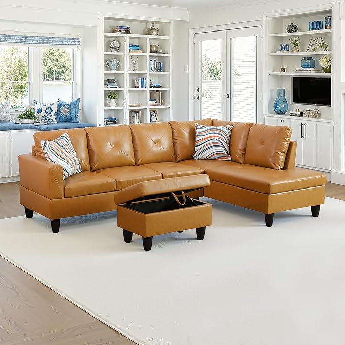 NicBex Sectional Couch 3 Pieces Sofa Set with Left Chaise Faux Leather L Shaped Cloud Couch for Living Room Furniture Sets with Storage Ottoman, Modular Sofa for Living Room & Apartment, Ginger