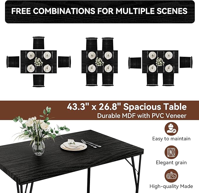 Vipbear Kitchen Dining Table Set for 4, 5-Piece Kitchen Table Set with 1.6“ Thick Tabletop,Dining Room Table Sets,Kitchen Table Set with 4 Chairs for Small Space, Dinette,Apartment,Retro Black