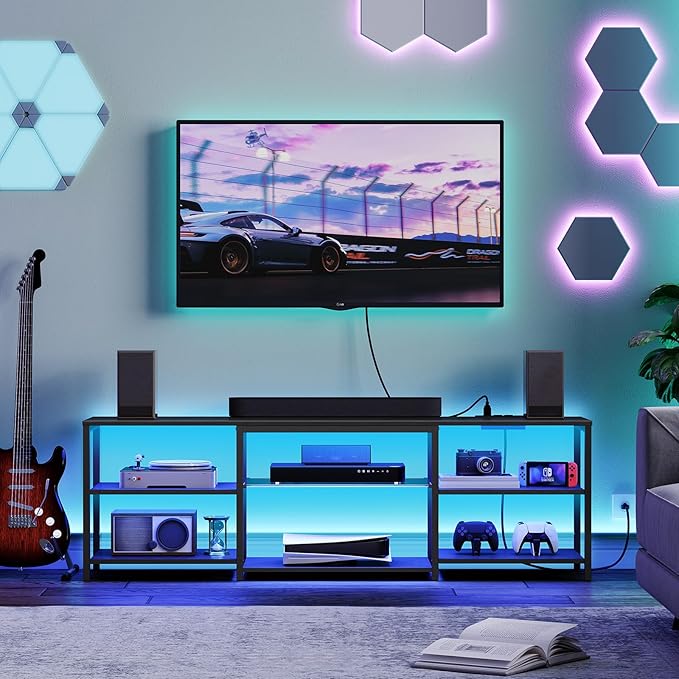 HOOBRO LED TV Stand for 75 Inch TVs with Charging Station, Gaming Entertainment Center with 3-Tier Open Storage, Long 63” Media TV Console Table, TV Stand for Living Room, Bedroom, Black BB21UDDS01