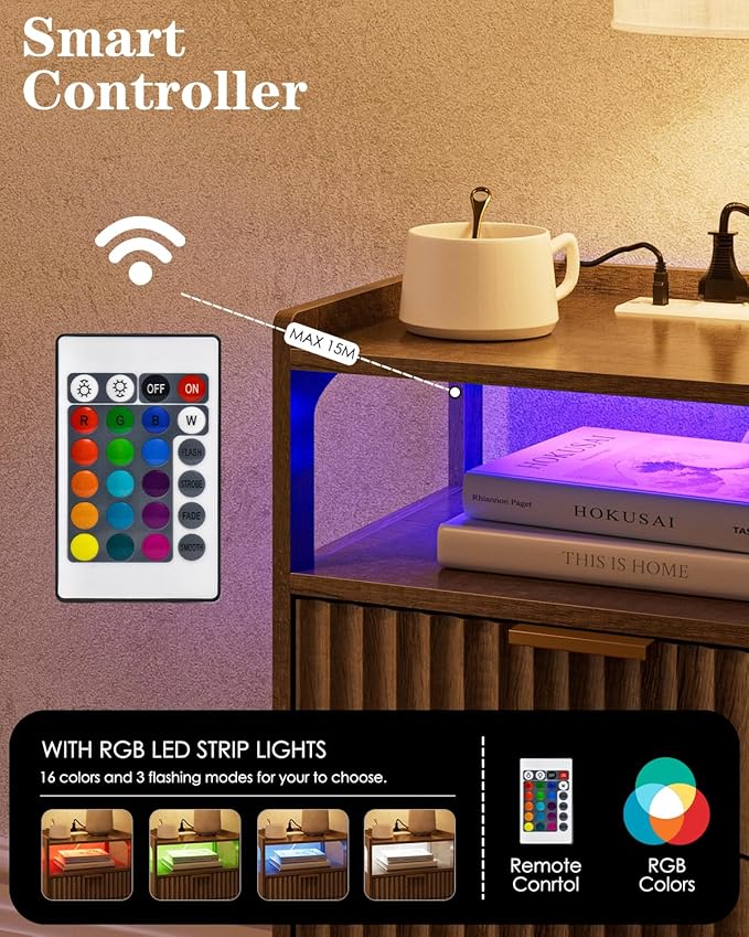 Nightstand with Charging Station and LED Lights,Modern Bedside Table with 2Drawer and Open Shelf,Walnut Night Stand with Solid Wood Legs,End Table for Living Room、Bedroom and Small Spaces