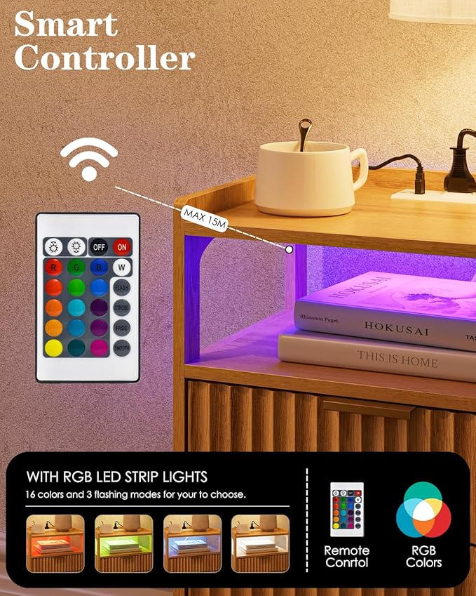 Nightstand with Charging Station and LED Lights,Modern Bedside Table with 2Drawer and Open Shelf,Oak Night Stand with Solid Wood Legs,End Table for Living Room、Bedroom and Small Spaces