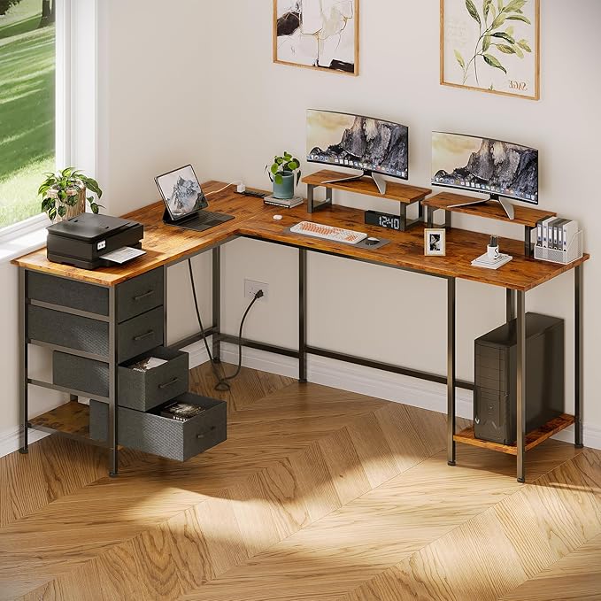 66" L Shaped Computer Desk with Power Outlets, Home Office Desk with 4 Adjustable Storage Drawers & 2 Monitor Stands, Large Two Person Gaming Table for Writing Study, Rustic Brown