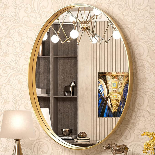 TokeShimi Gold Oval Wall Bathroom Mirror 22x30 Inch with Non-Rusting Aluminum Alloy Brushed Matte Framed Bathroom Mirror for Wall Vanity Farmhouse Modern Minimalist Home Decor or Horizontal