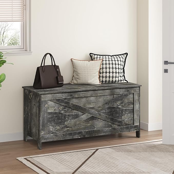 39.4" Toy Chest, Sturdy Entryway Storage Chest with Safety Hinges, Retro Toy Box, Wooden Look Accent Furniture for Living Room, Bedroom, Vintage Gray SCRP48101