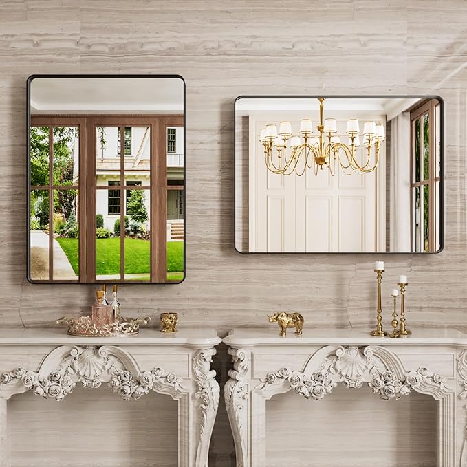 Black Bathroom Mirror 20X30 Inch, Black Metal Framed Mirror for Wall, Rounded Rectangle Matte Bathroom Vanity Mirror with Tempered Glass, Anti-Rust, Horizontal/Vertical