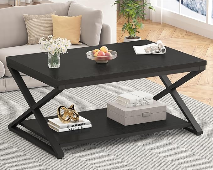 HSH Black Modern Minimalist Metal Wood Living Room Table with Storage Shelf, 39 Inch 2 Tier Rectangle Center Coffee Table