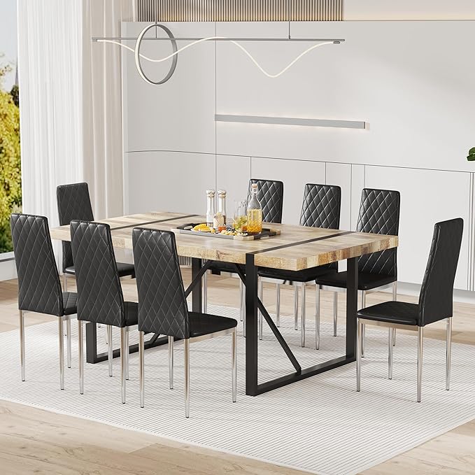 JT Modern Minimalist Dining Chair Fireproof Leather Sprayed Metal Pipe Diamond Grid Pattern Restaurant Home Conference Chair Set of 4 Or 6 (8, Black)