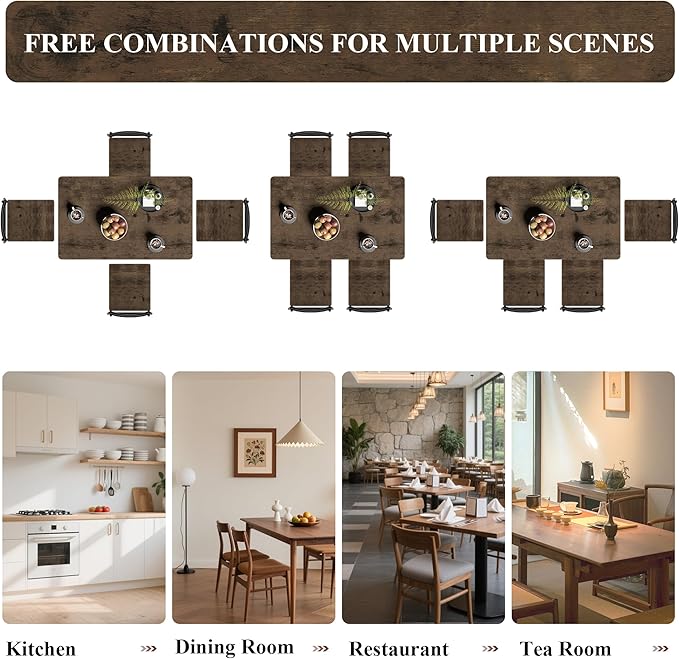5 Piece Dining Table Set, Modern Metal&Wood Kitchen Dinner Table with 4 Chairs, Dining Room Table Sets for Small Spaces, Brown
