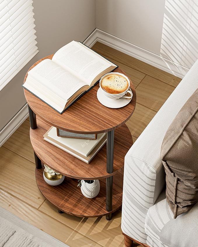 Small Round Side Table - 3-Tier Oval Accent Table for Small Spaces, Rustic Wood and Metal Couch End Table, Nightstand for Bedroom or End Table Living Room, Easy to Assemble, Rustic Walnut