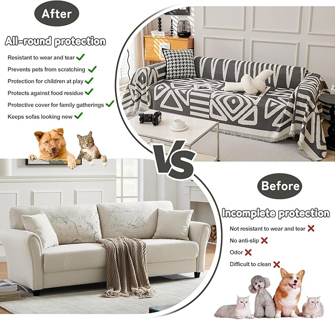 HANDONTIME Reversible Sofa Cover Boho Geometric Couch Cover for Dogs Dark Grey Couches Covers Washable Chenille Couch Covers for 3 Cushion Couch Pet Friendly Furniture Protector for Pets, 71" X102"